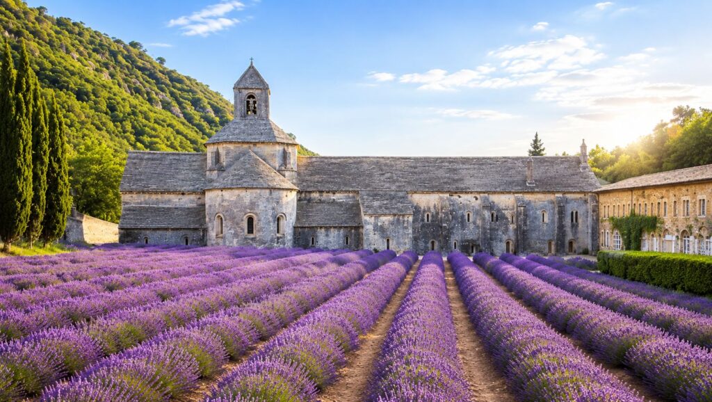 Champs de lavande devant l'Abbaye Notre-Dame de Sémanque, à Gordes.