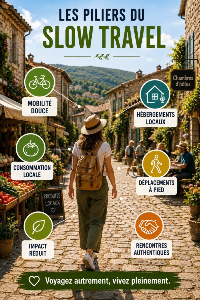 Infographie les piliers du slow travel : mobilité douce, hébergements locaux, consommation locale et rencontres authentiques