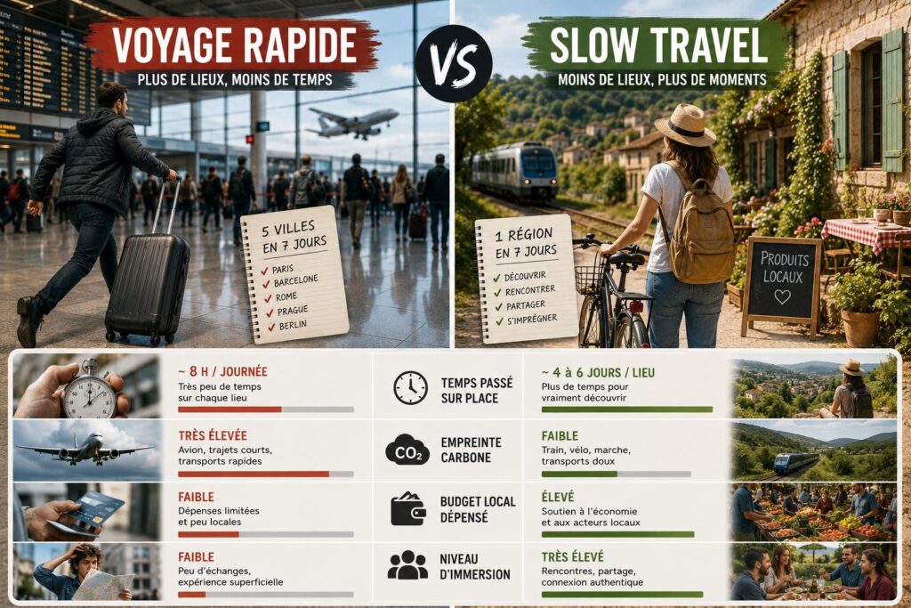 Infographie slow travel vs voyage rapide : comparaison temps, empreinte carbone, budget local et niveau d'immersion