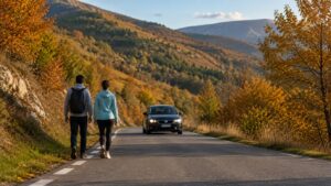 Un homme et une femme marche sur le côté gauche d'une route sans trottoir, une voiture arrive devant eux dans un paysage vallonné