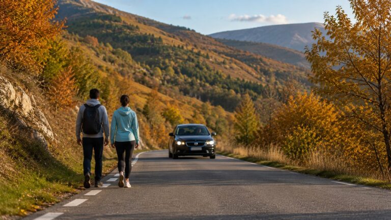 Un homme et une femme marche sur le côté gauche d'une route sans trottoir, une voiture arrive devant eux dans un paysage vallonné