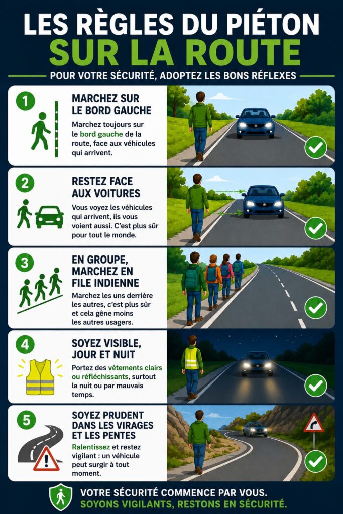 Infographie sur les règles du piéton à respecter quand on marche sur une route sans trottoir