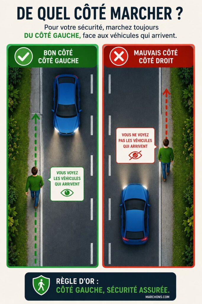 Infographie montrant dans quel sens il faut marcher sur une route sans trottoir