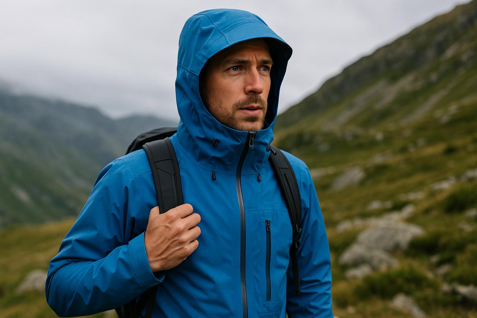 Un homme porte une veste de hardshell bleu pendant une randonnée