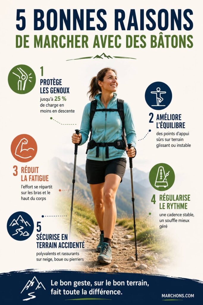 5 raisons de marcher avec des bâtons de randonnée : genoux, équilibre, fatigue, rythme et sécurité