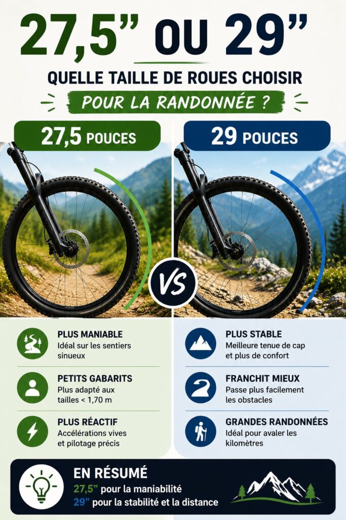 Comparatif des roues VTT 27,5 et 29 pouces avec les avantages de chaque format pour la randonnée, la maniabilité, le franchissement et la stabilité.