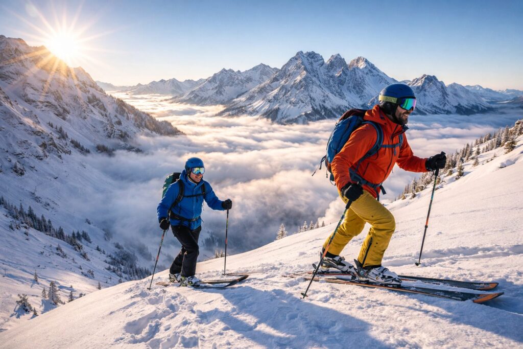 Deux hommes font du ski de randonnée dans un paysage magnifique de montagne enneigée