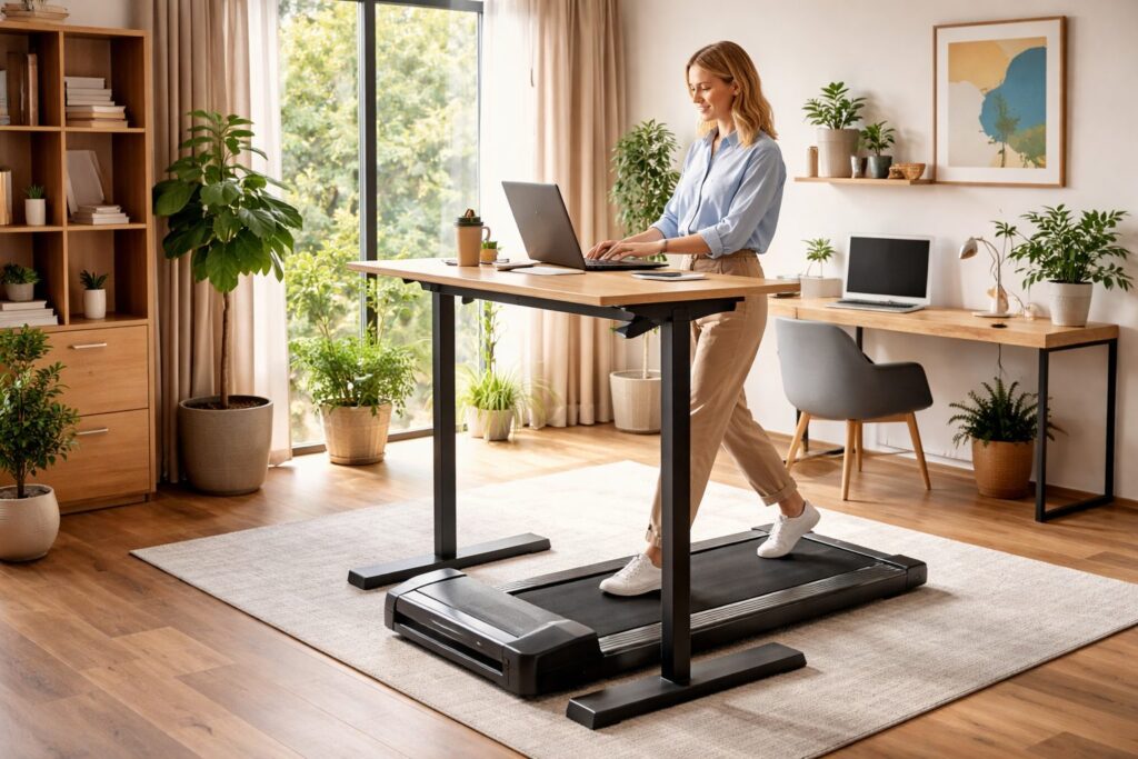 Exemple d'installation de tapis de marche sous un bureau assis-debout, une femme travaille en marchant sur un tapis dans son salon