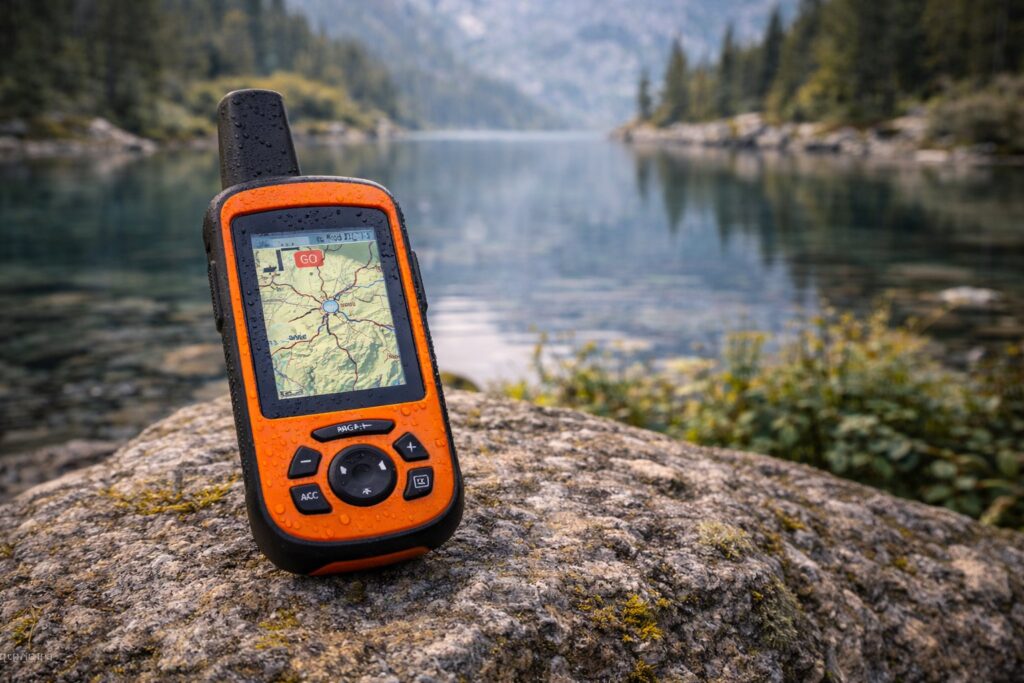 Une balise GPS posée sur un rocher près d'un lac en randonnée