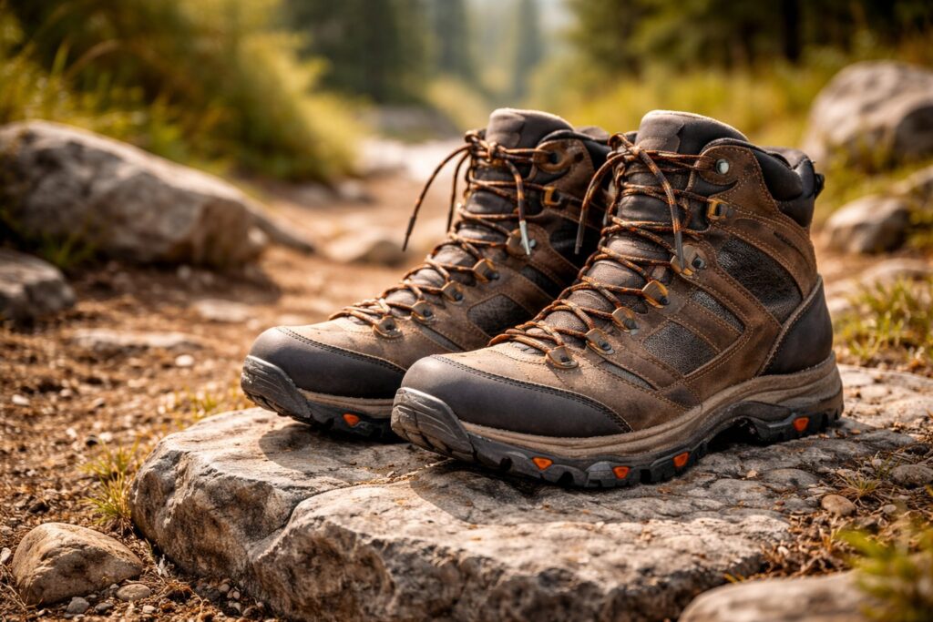 Des chaussures de randonnées pour homme posées sur une pierre, sur un chemin de randonnée