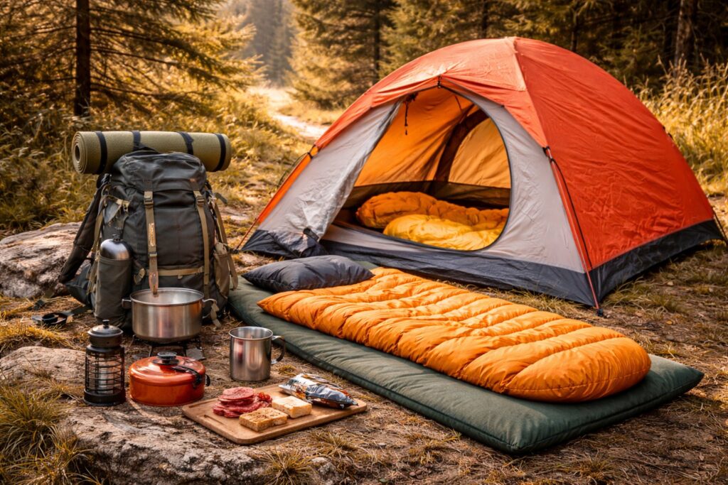 Une liste d'équipements de bivouac : une tente, un matelas, un réchaud et une popote, 