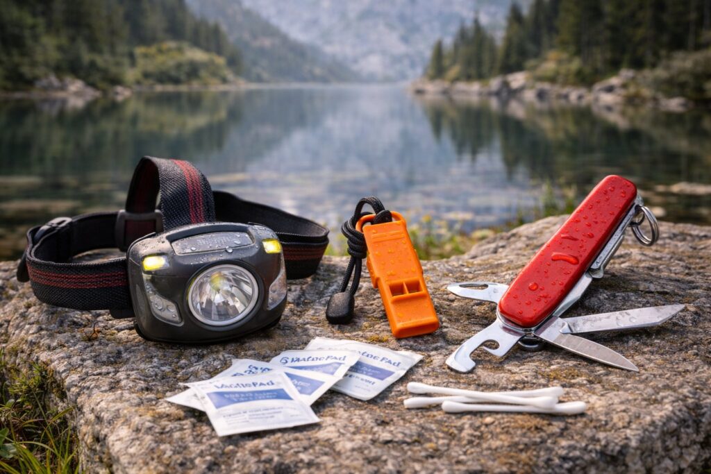 Une lampe frontale, un sifflet et un couteau multifonction pour partir en randonnée