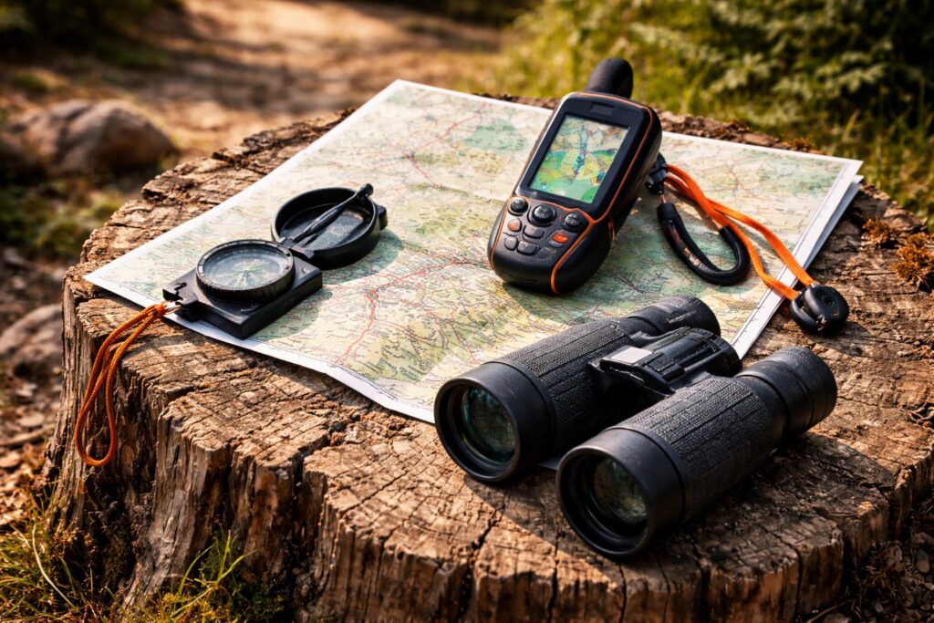 Des outils de navigation indispensables en randonnée : une carte IGN, une boussole, une balise GPS, des jumelles