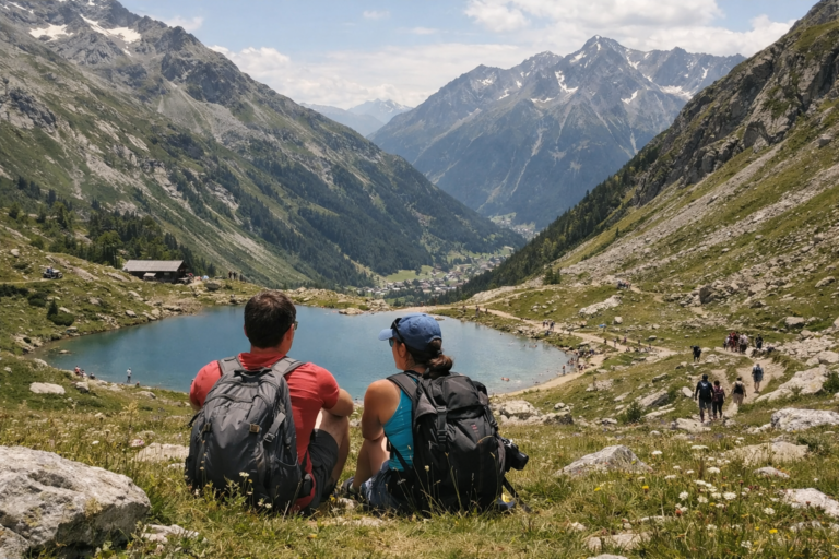 Un couple profite du paysage devant un lac dans les Alpes, pendant une randonnée en été