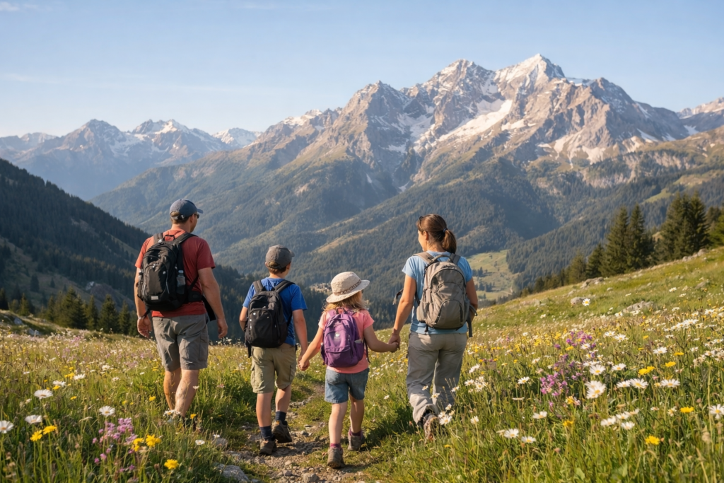 Une famille avec deux enfants profite d'une randonnée dans les Alpes en été avec un magnifique paysage