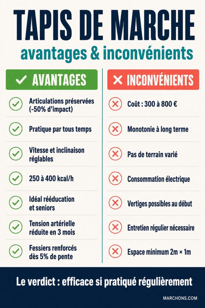 Infograhpie en deux colonnes sur les avantages et inconvénients d'un tapis de marche