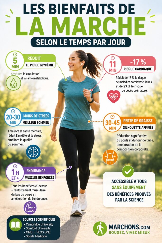 Infographie montrant les bienfaits de la marche quotidienne sur le corps et la santé mentale