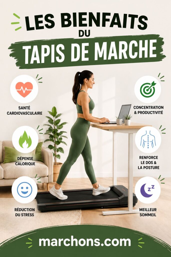 Infographie sur les bienfaits du tapis de marche, une femme marche sur un tapis de marche en travaillant