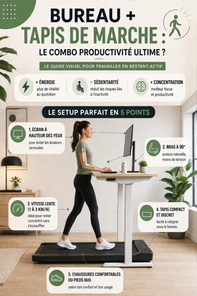 Infographie d'un bon setup de bureau assis debout avec un tapis de marche