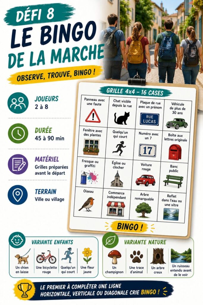 Bingo de la marche à pied : grille 16 cases à compléter en ville ou en nature