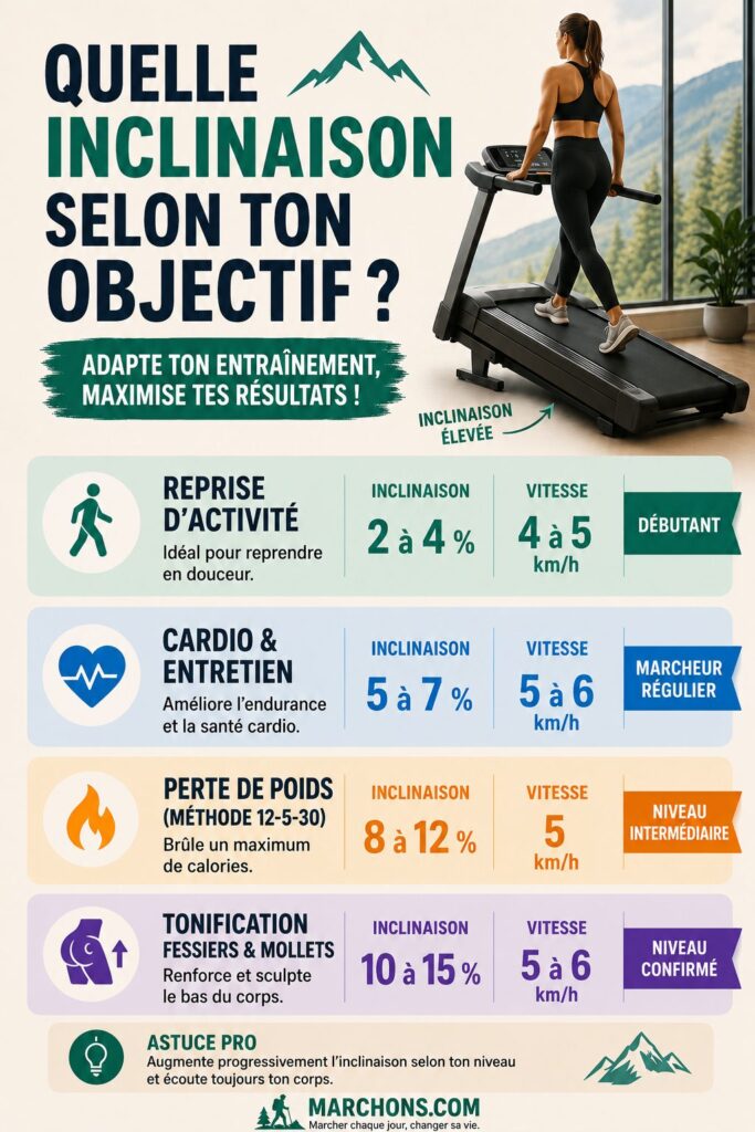Infographie montrant l'inclinaison d'un tapis de marche conseillée pour la marche rapide