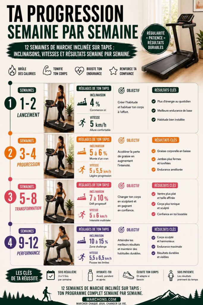 Infographie montrant les résultats dans le temps de la marche inclinée sur tapis de course