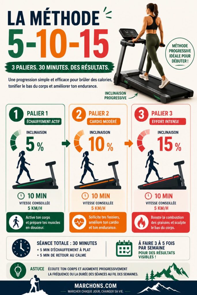 Infographie expliquant la méthode 5-10-15 de marche inclinée sur tapis