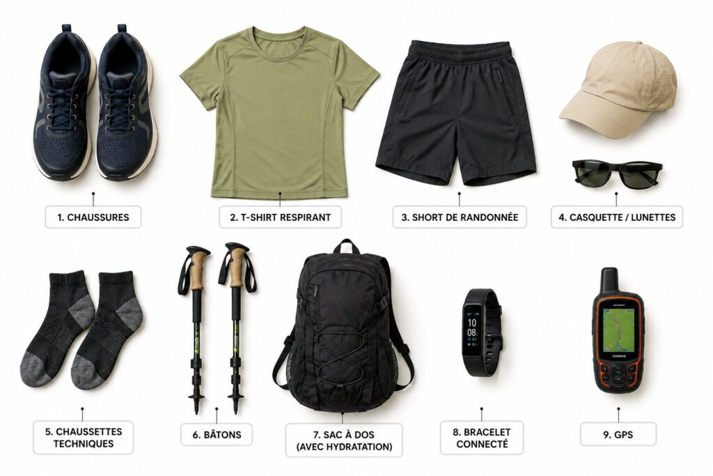 Liste d'équipements en flat lay pour la marche à pied en été