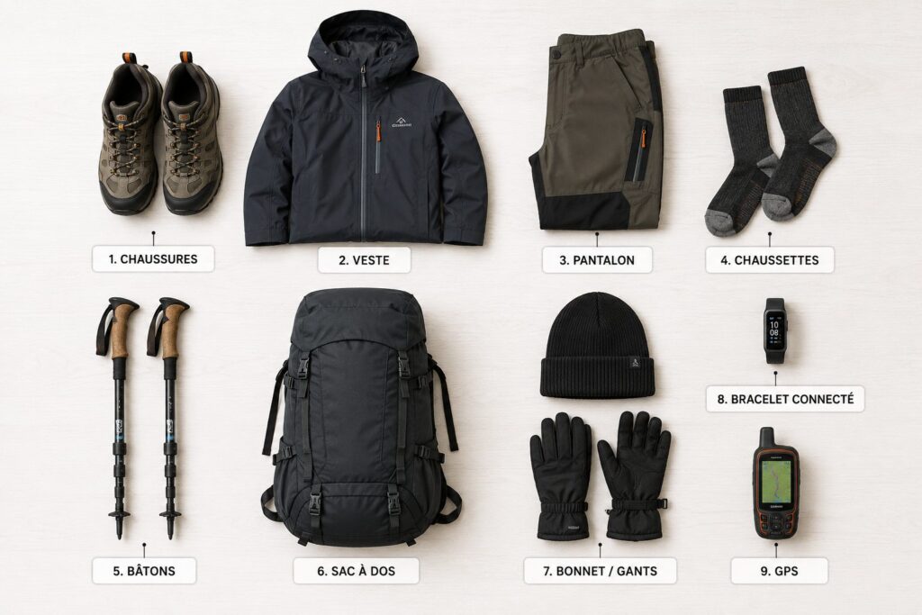 Liste d'équipements en flat lay pour la marche à pied en hiver