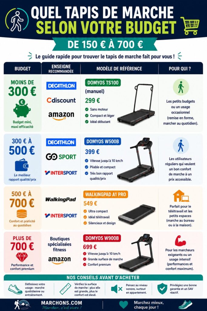 Infographie comparative des tapis de marche à acheter selon son budget