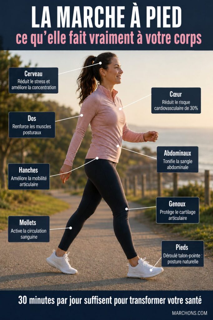 Infographie sur les bienfaits de la marche à pied sur le corps et le mental