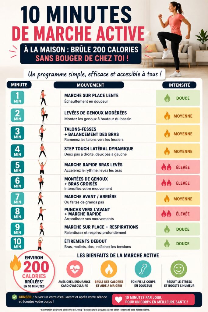 Programme de 10 minutes de marche active sur place à la maison
