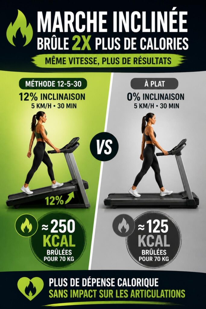Infographie : comparaison entre la marche sur tapis sans inclinaison et avec inclinaison