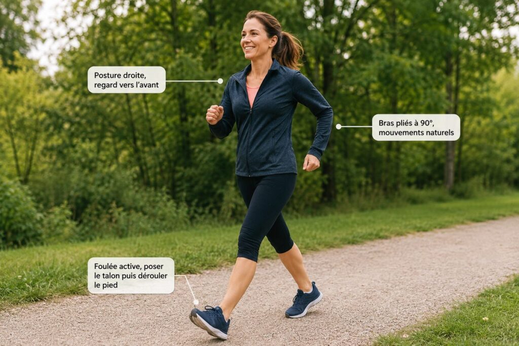Technique de marche rapide pour débutant en parc : posture, bras et foulée active
