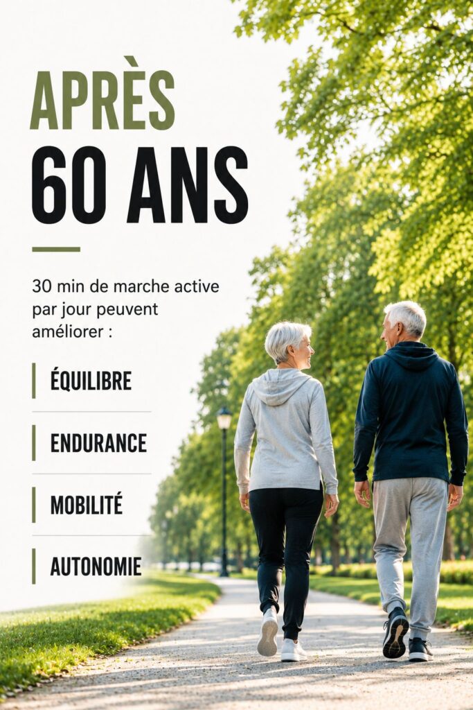 Infographie sur les bienfaits de la marche rapide pour seniors, deux seniors marchent dans un parc