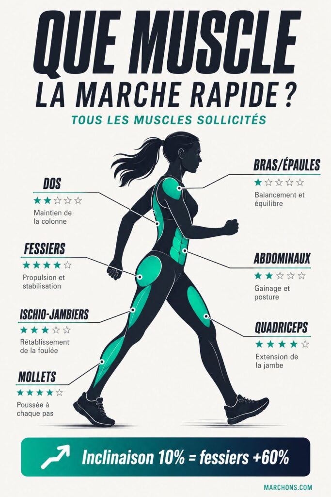 Infographie muscles sollicités par la marche rapide : fessiers, quadriceps, mollets, ischio-jambiers, abdominaux et dos avec intensité par étoiles