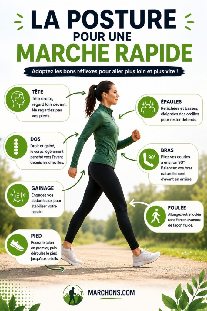 Infographie montrant la posture idéale pour la marche rapide