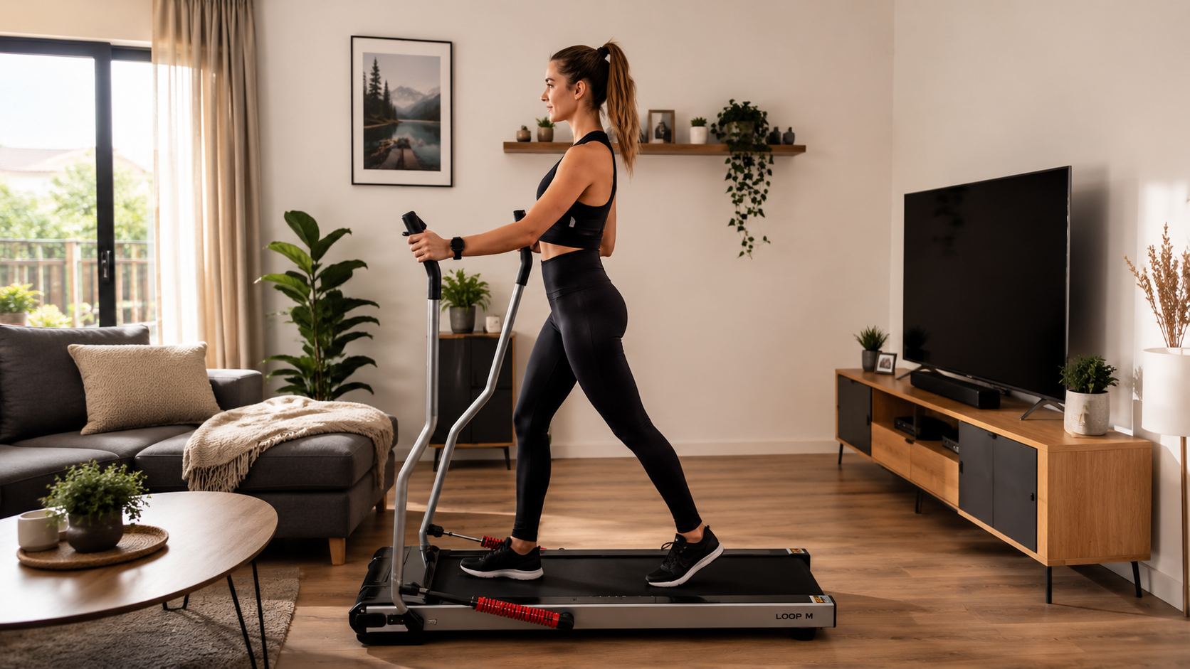 Une femme fait du tapis de marche sur un tapis de marche nordique dans son salon