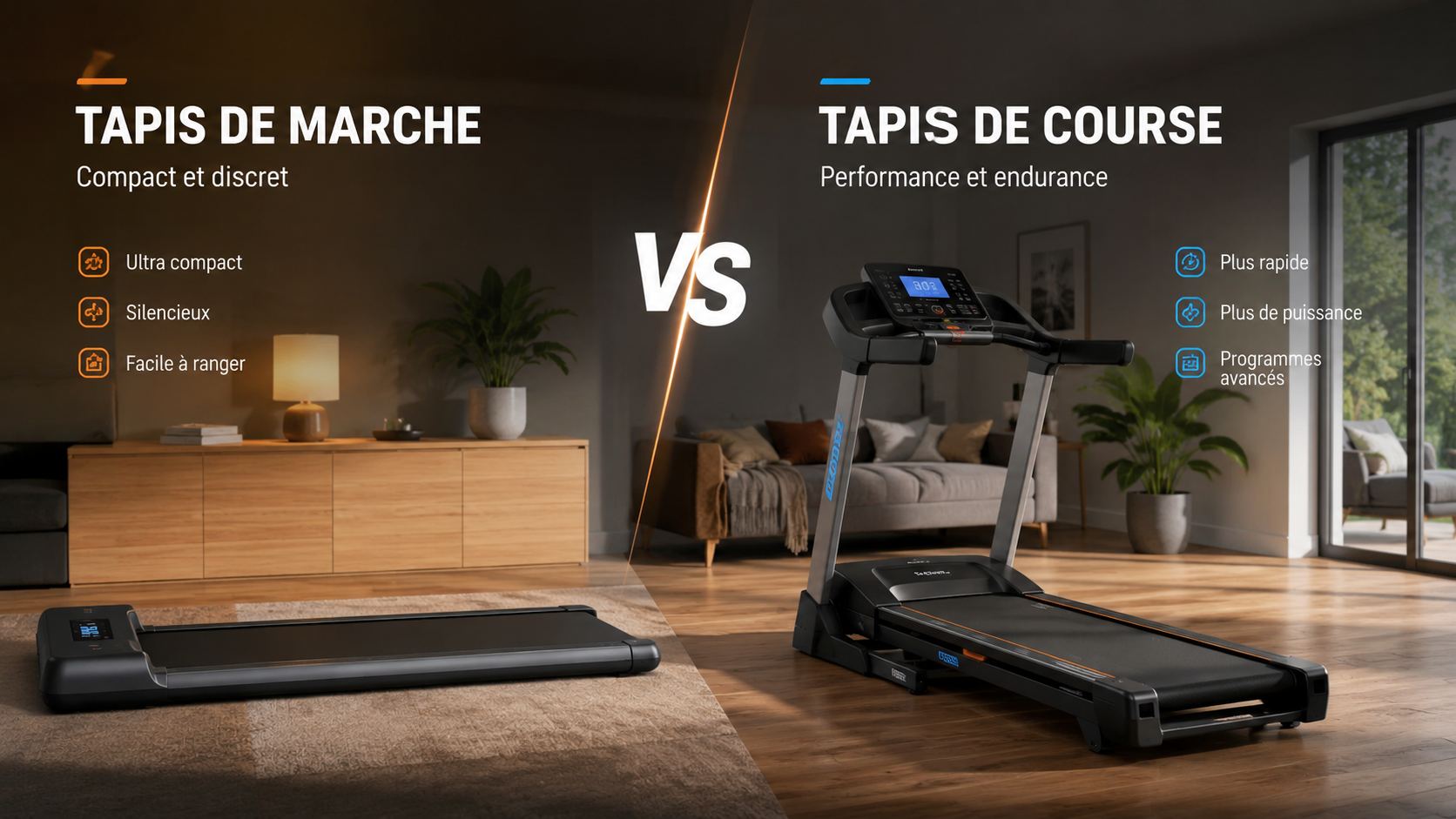 Un tapis de marche à gauche, un tapis de course à droite