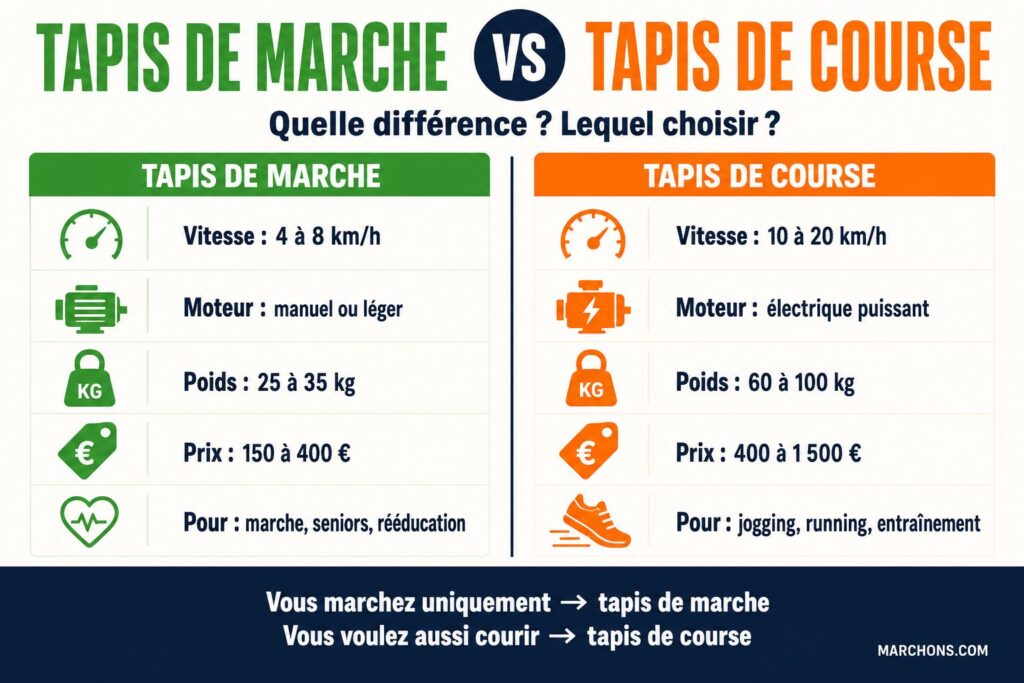 Différence tapis de marche vs tapis de course : comparatif vitesse, moteur, poids et prix