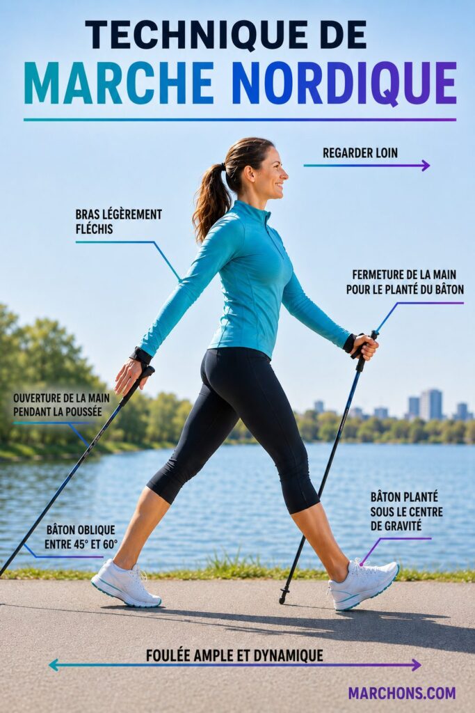 Technique de marche nordique : posture, angle des bâtons, ouverture de la main et foulée ample