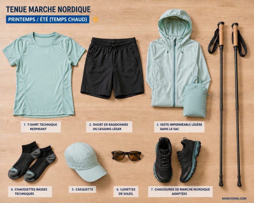 Tenue complète de vêtements adaptés à la marche nordique en été