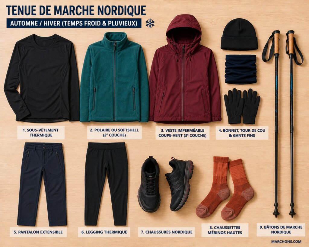 Tenue marche nordique hiver : sous-vêtement thermique, polaire teal, veste imperméable bordeaux, pantalon extensible, legging thermique et chaussettes mérinos