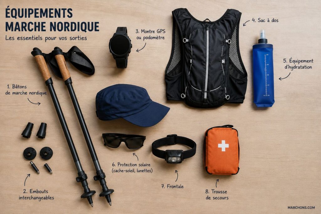 Équipements marche nordique : bâtons NW P500, embouts, montre GPS, sac à dos et accessoires essentiels