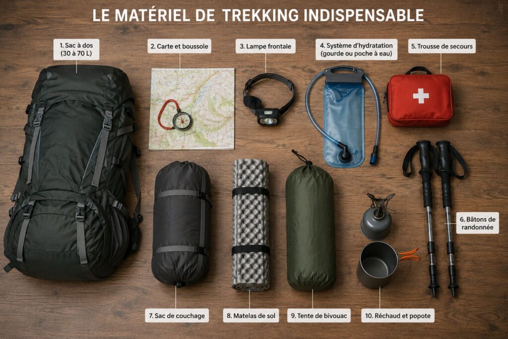 Le matériel de trekking indispensable : sac à dos 30 à 70 L, carte et boussole, lampe frontale, poche à eau, trousse de secours, bâtons, sac de couchage, matelas de sol, tente de bivouac, réchaud et popote