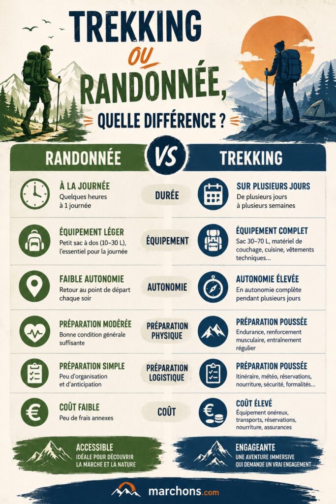 Infographie montrant les principales différences entre le trekking et la randonnée