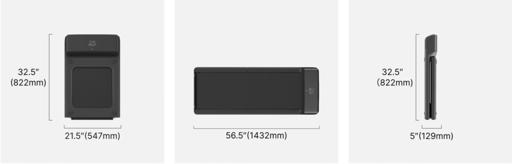 Dimensions longueur, largeur et épaisseur du Walking Pad A1 Pro, plié et déplié